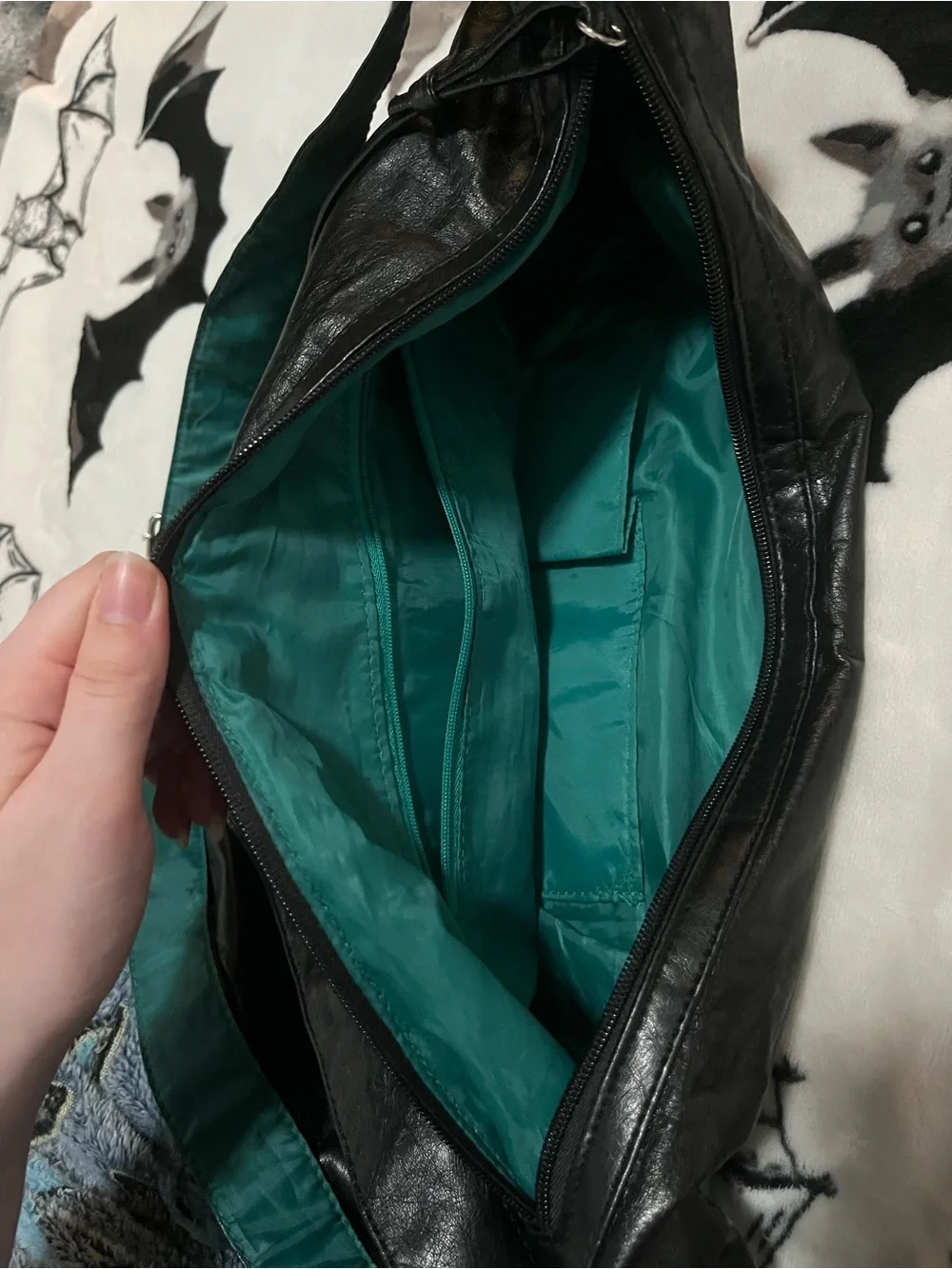 Black Leather Hobo Bag with Teal Strap